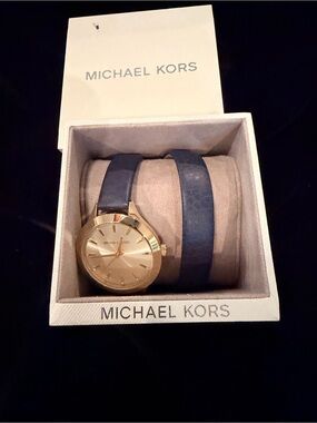 Michael Kors Gold Dial Watch with Navy Double-Wrap Leather Strap